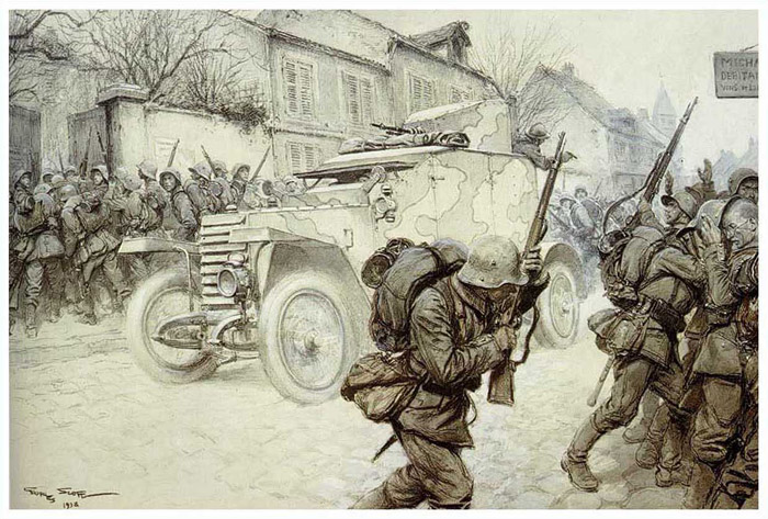 A French Armored Car Mistakenly Drives Into a German Occuppied Town, by Georges Scott