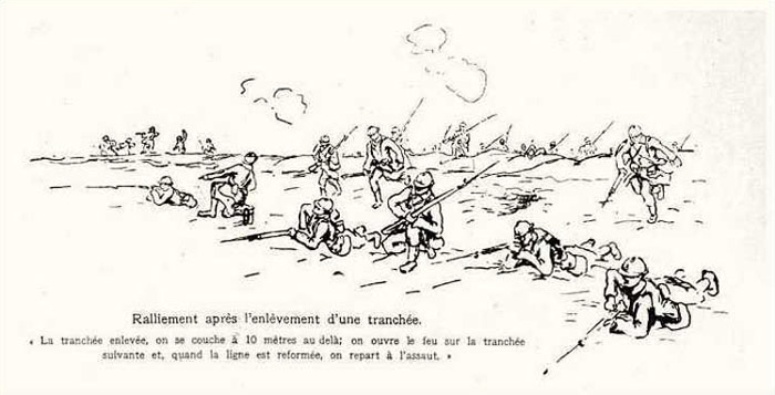 'The trench clear, one lies down 10 meters beyond the trench; opens fire on the following trench, and when the line is reformed the assault goes on'. By Andre Laffargue