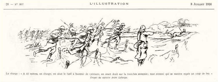 'At 60 meters, the charge; the rifle is brought down level with the belt; one runs straight at the enemy trench; every enemy soldier who rises out of the trench receives a rifle shot'. By Andre Laffargue