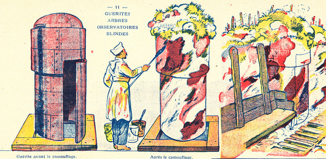 An illustration showing camouflaging techniques used on a steel observation post.