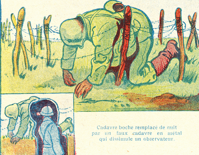 An illustration showing camouflaging techniques. in this case, a real corpse is replaced with a paper-mache stand-in.