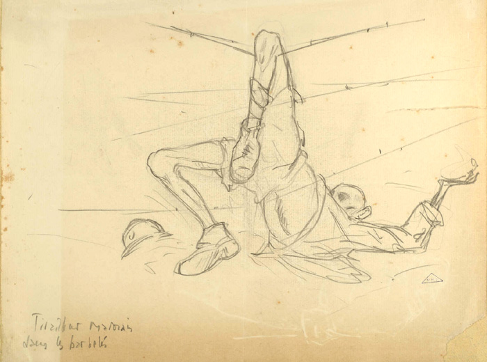 Part of a series of sketches of soldier's killed while crossing through wire-entanglements. Henry Camus.