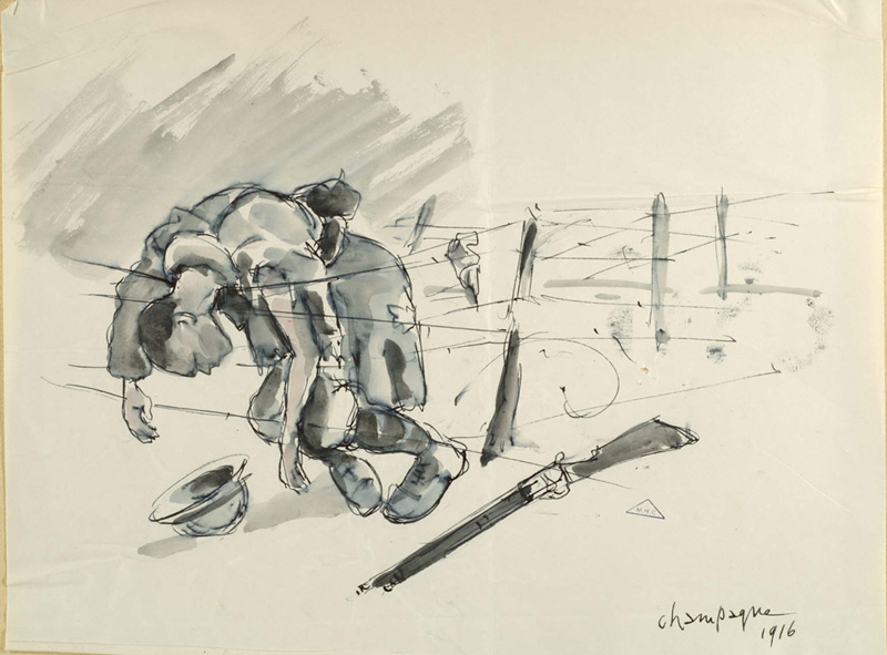 Part of a series of sketches of soldier's killed while crossing through wire-entanglements. Henry Camus.