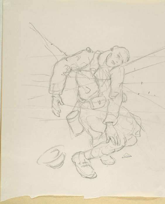 Part of a series of sketches of soldier's killed while crossing through wire-entanglements. Henry Camus.