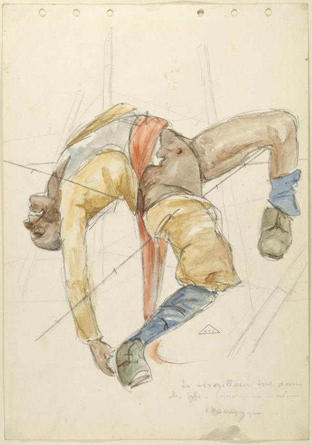 Part of a series of sketches of soldier's killed while crossing through wire-entanglements. Henry Camus.