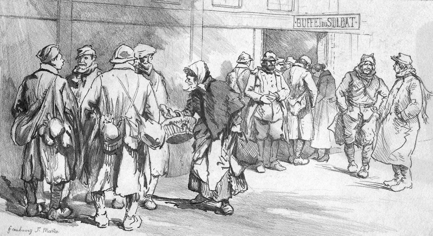 Furloughmen outside a soldier's buffet in the Paris suburb of St. Martin. Le Blant, 1917.