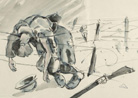 Part of a series of sketches of soldier's killed while crossing through wire-entanglements. Henry Camus.