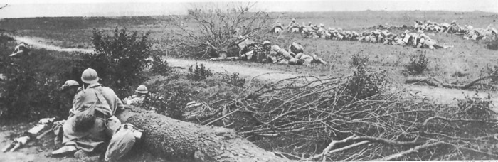 Photo taken during an actual attack. Columns lie prone in reserve as an assault wave [center background, behind the bush] advances. A medic lies down facing the camera in the center of the frame.