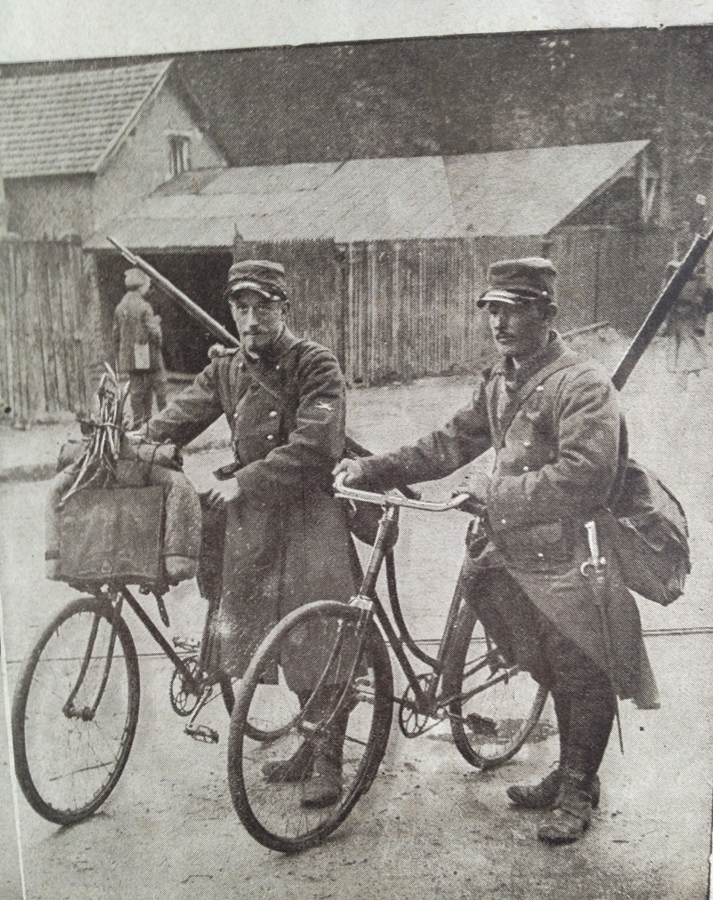 Cyclists repairing telephone lines, January 1915.