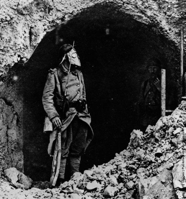 A sentinelle stands guard outside an entrance to Fort Vaux, Verdun.