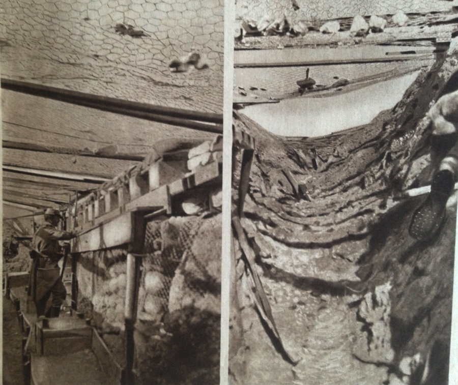 The photo on the left shows a trench in Champagne prior to a bombardment, while the one on the right shows the effects of shelling on the same trench. Note the chicken-wire erected to deflect enemy grenades.