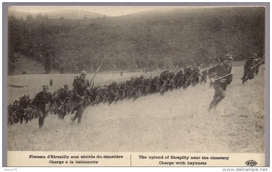Although the photo is staged for before the war, the depiction of a 1914 bayonet attack is accurate.