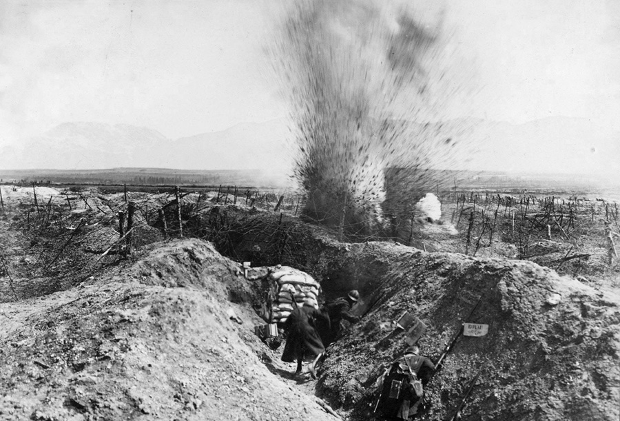 Zouaves react as a shell explodes near their trench at Fort de la Pompelle.