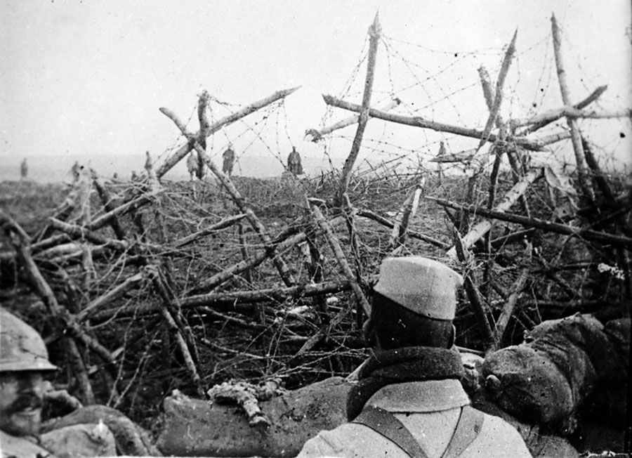An eerie photo taken from French lines of German soldiers surrendering in 1915.