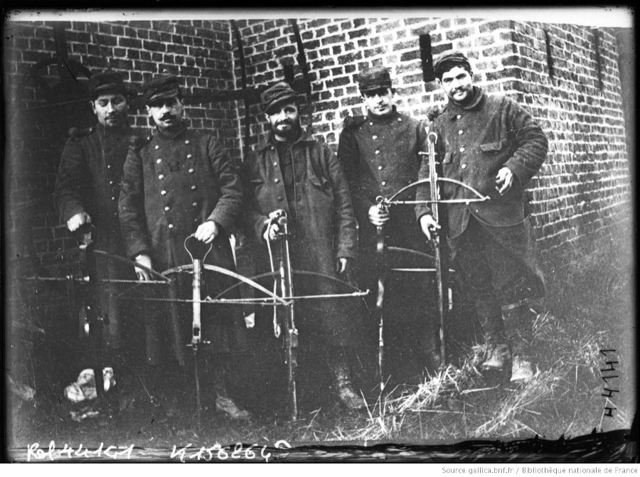 The improvised crossbows carried by these men show the desperate yet resourceful nature of the French at the start of trench warfare, ca. late 1914.