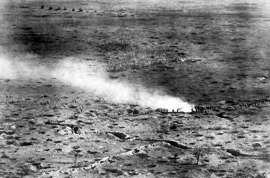 French assault waves can be seen in this aerial combat photo taken over the Somme battlefield in 1916. 