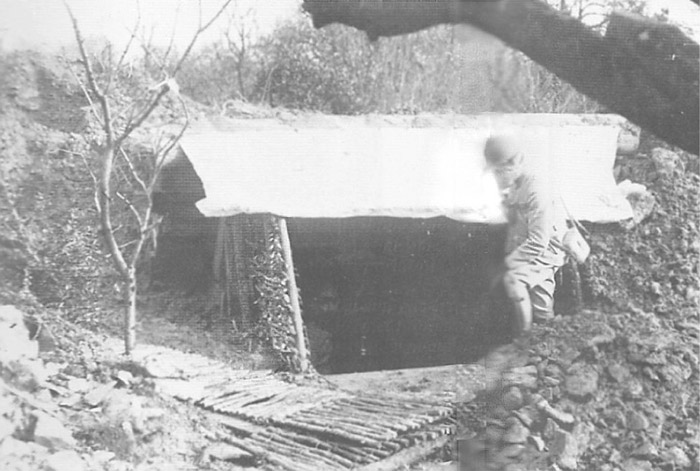 A Runner emerges from a wattled shelter near Verdun.