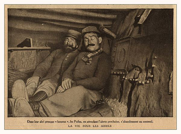 Two men resting in a small shelter, 1914.