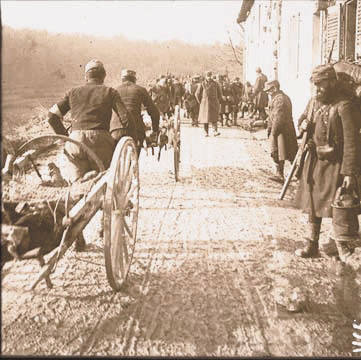 Hand-pulled amublances evacuate the wounded, 1914.