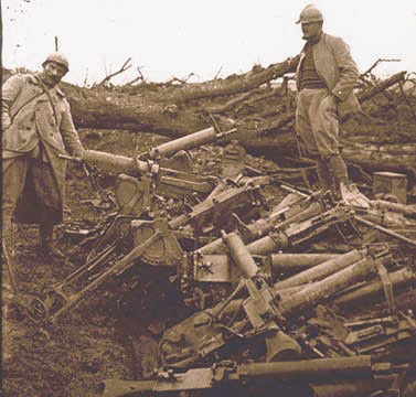 Captured German machine-guns at Chaulnes during the Somme offensive, 1916.