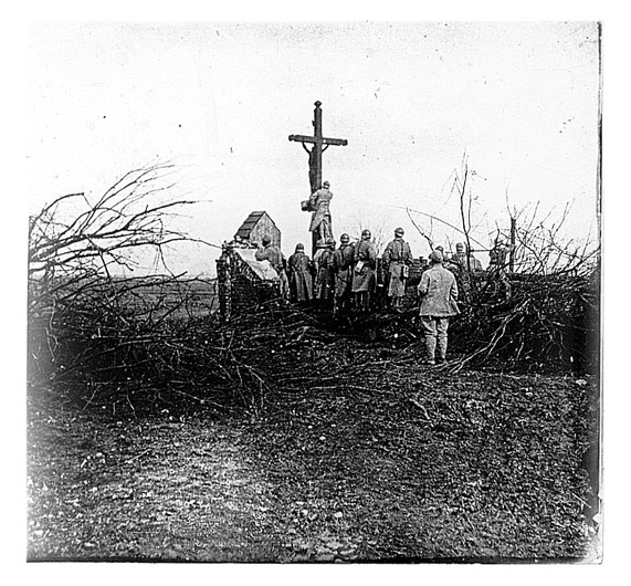 An improvised observatory in a set of ruins, Somme, 1916.