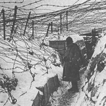 A soldiers stands in a snowy trench completely covered with barbed wired.