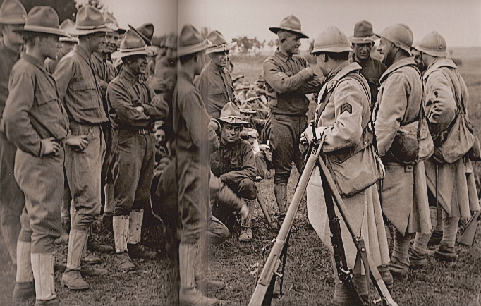 A group of chasseurs at an American camp to instruct the young soldiers in the ways of trench warfare, circa 1918.