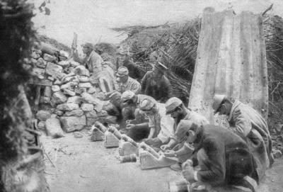 A row of Cellerier mortars -- improvised using spent artillery rounds affixed to wood sabots.