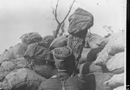 A zouave looks out of a camouflaged periscope.