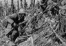 Combat photo of French troops (possibly 152 RI) advance up the scarred slope of a hill in the Argonne.