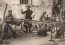 A makeshift xylophone using wine bottles. 