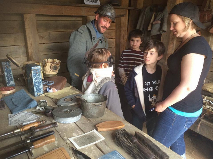 Letting kids try on gas masks at AHEC, 2014.