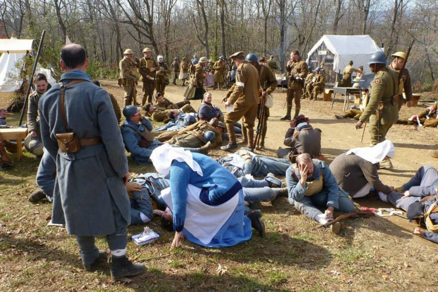 Following as attack on the German lines, wounded await attention at the casualty clearing station, November 2014