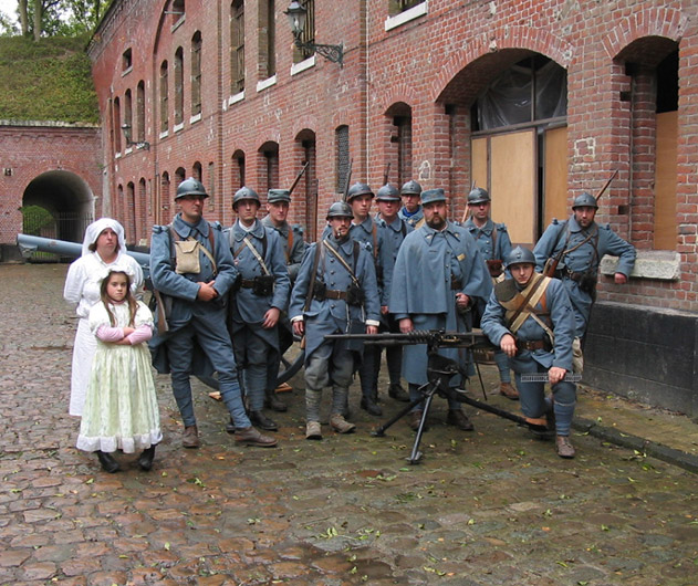 Jean Contamine with members of the French reenacting organization, The Poilu of the Marne Association, in a living history at Fort Seclin, France, October 2004.