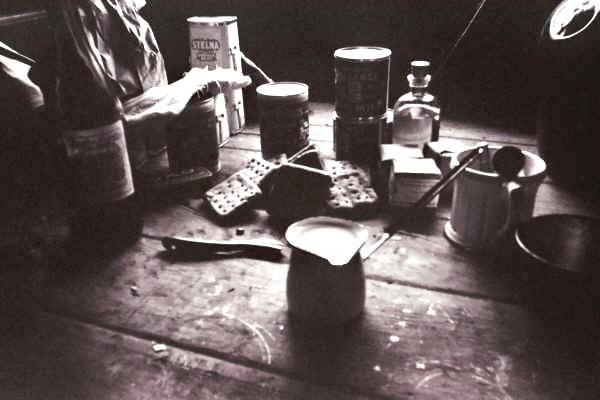 Tobacco cubes, hardtack, tinned beans, etc. April 2008.