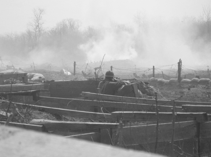 A marksman from the 18th R.I. picks off the last survivors of an ill-fated German attack, April 2008.