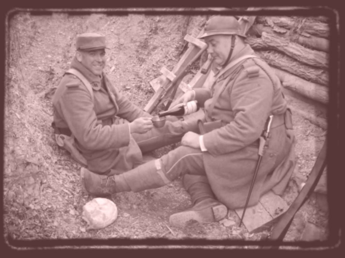 Sdts. Croissant and Maillard share a cup of pinard, April 2008.