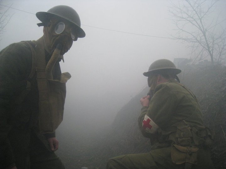 Two American medics in an attack in a foggy and smoky conquered German trench, April 2011.