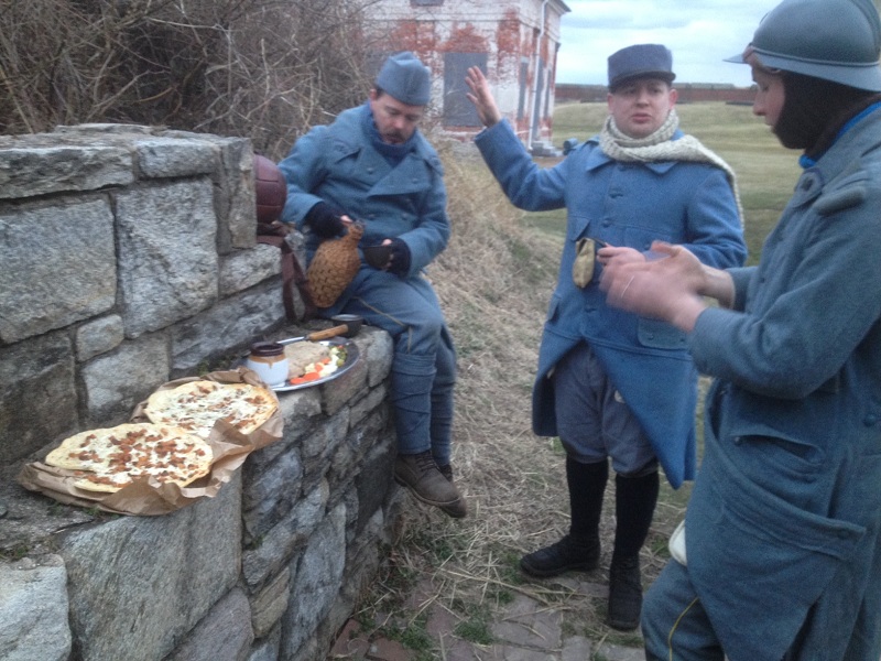 Sdt. Pernot's first-course of dinner is served: Pissaladière and pinard. Fort Mifflin, March 2013