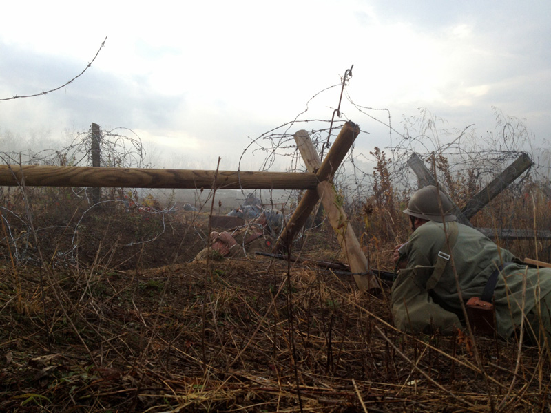 French company takes cover during a feint attack. Newville, November 2013.