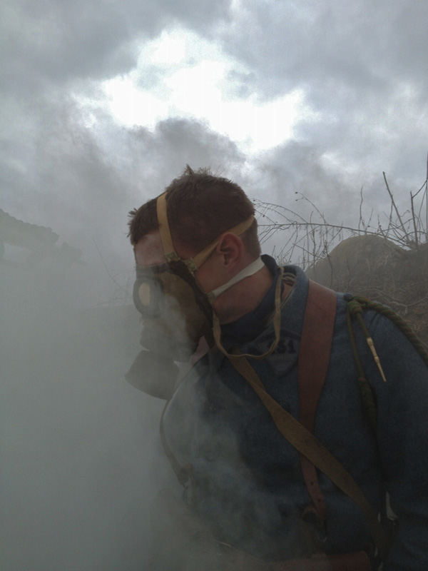 The 151 under gas and smoke attack. Sdt. Nicolas preps and throws grenades in the chaos. Newville, November 2013.