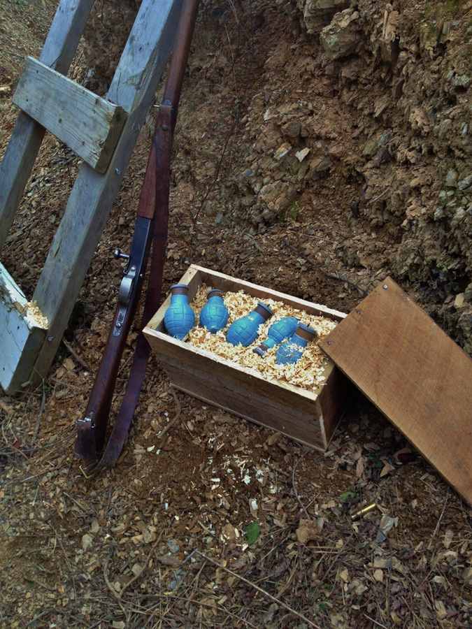 Loaded F1 grenades in their crate, ready to be thrown at the Boches. Newville, November 2013.