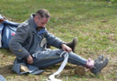 Sgt. Contamine uses a bayonet scabbard as a brace awaits care at the Canadian field hospital, November 2014