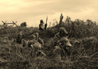 Elements of the French company in gas masks during a feint assault. Newville, November 2013.