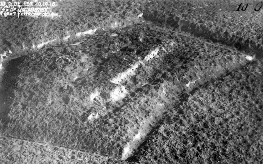 The shell ravaged Fort Douaumont from the air, showing the annihilating effects of the artillery bombardments at Verdun. 10 Oct. 1916.