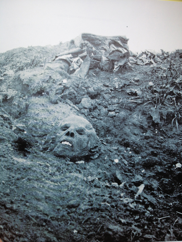 An incredible image of a mummified skull of a German soldier lying beside unrecognizable remains at Bois du Sommet (Somme). Photo taken by Loy Roux, Sept. 1916.