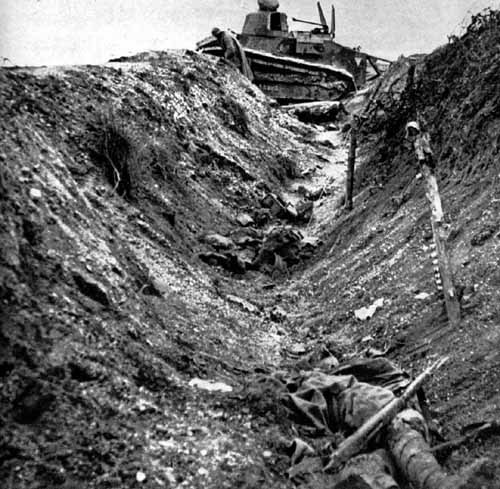 Destroyed Renault tank and dead French soldier.